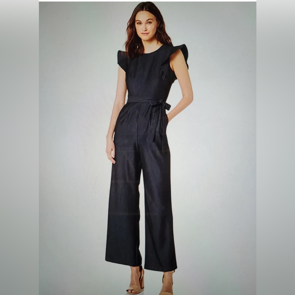Calvin Klein Wide Leg Flutter Short Sleeve Belted Denim Jumpsuit Size 22W NWT